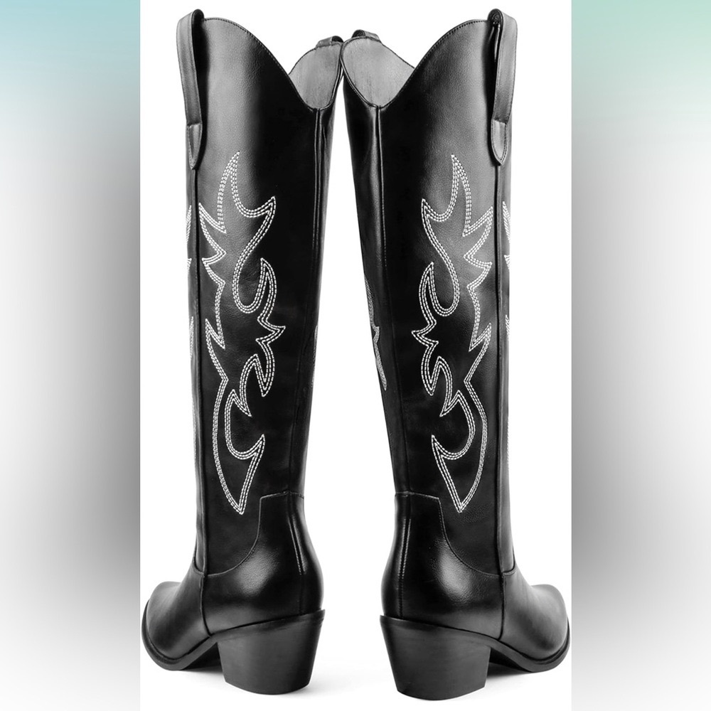 🤠 Black Embroidered Knee-high Cowboy Boots - Picture 5 of 6
